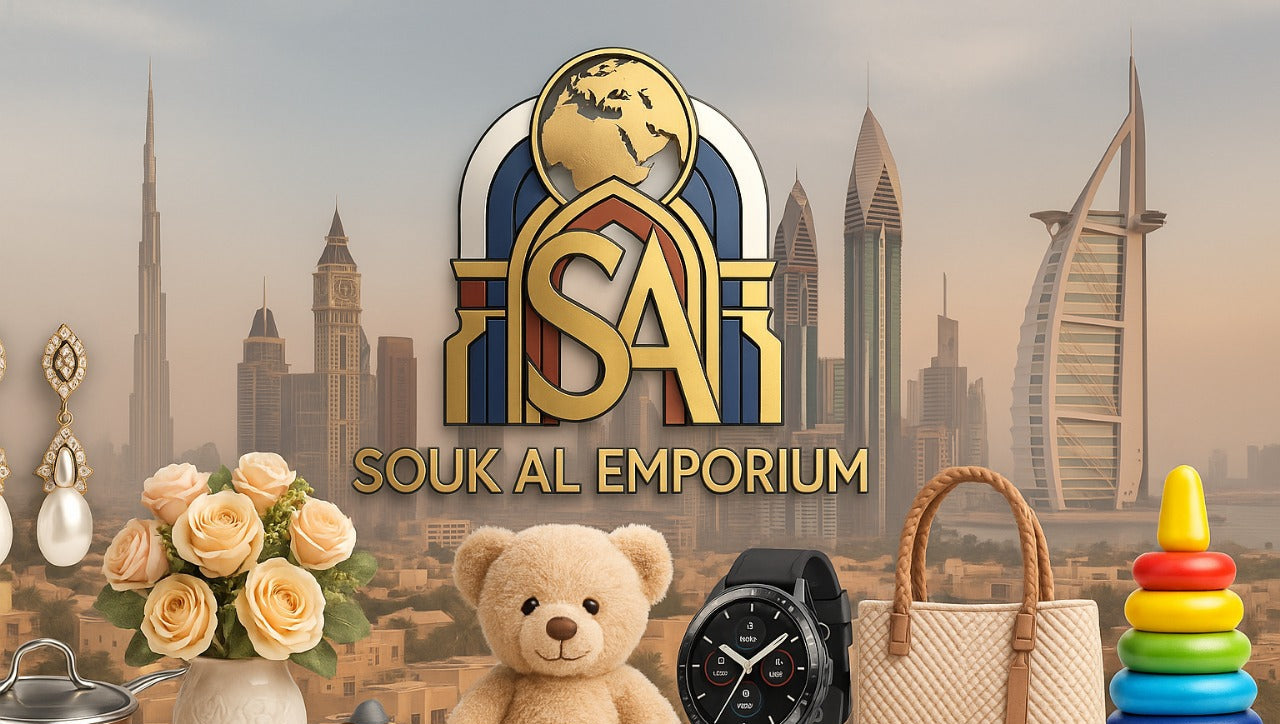 Souk Al Emporium logo with various items and a cityscape background
